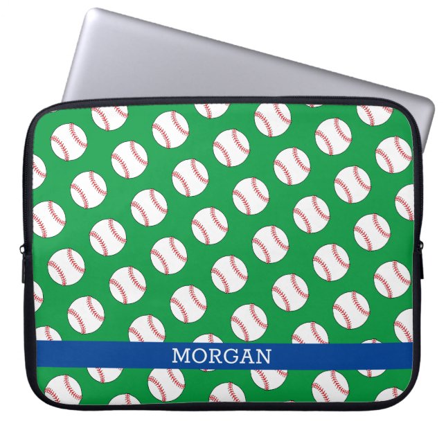 Baseball-Muster, Name, Blau & Grün Laptopschutzhülle (Vorderseite)