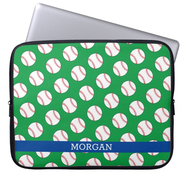 Baseball-Muster, Name, Blau und Grün Laptopschutzhülle (Vorderseite)