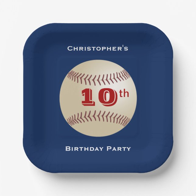 Baseball, Name 9th/10th Birthday Party Blue Square Pappteller (Vorderseite)