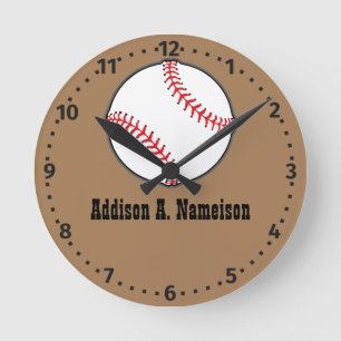 Baseball Name Sport Room Boy Brown Runde Wanduhr