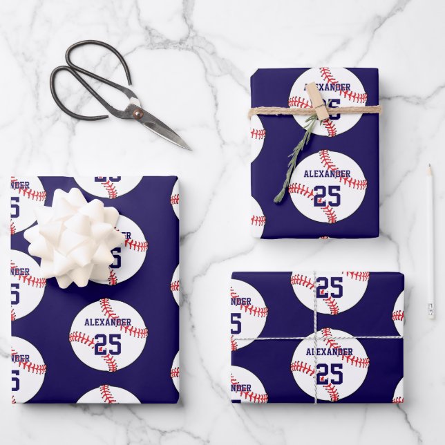 Baseball | Name und Nummer Geschenkpapier Set (Vorderseite)