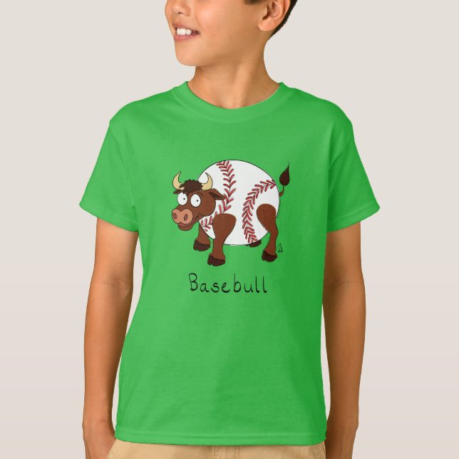 Baseball Niedlich Kids Cartoon Bull T-Shirt (Vorderseite)