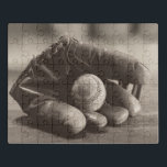 Baseball Nostalgie - Mitt und Baseball Puzzle<br><div class="desc">"Baseball Nostalgia I" von Judy B. Messer. Enthält ein sepia-ähnliches Foto eines Baseball-Mitts und Baseballs.</div>