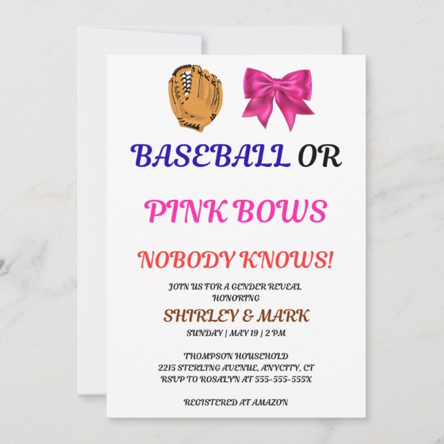 Baseball oder rosa Schleifen - Geschlechtsenthüllu Einladung (Vorderseite)