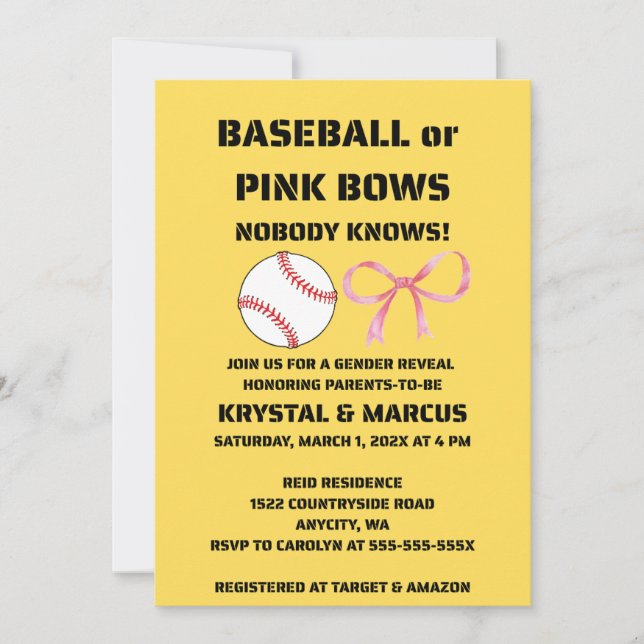 Baseball oder rosa Schleifen - Geschlechtsenthüllu Einladung (Vorderseite)