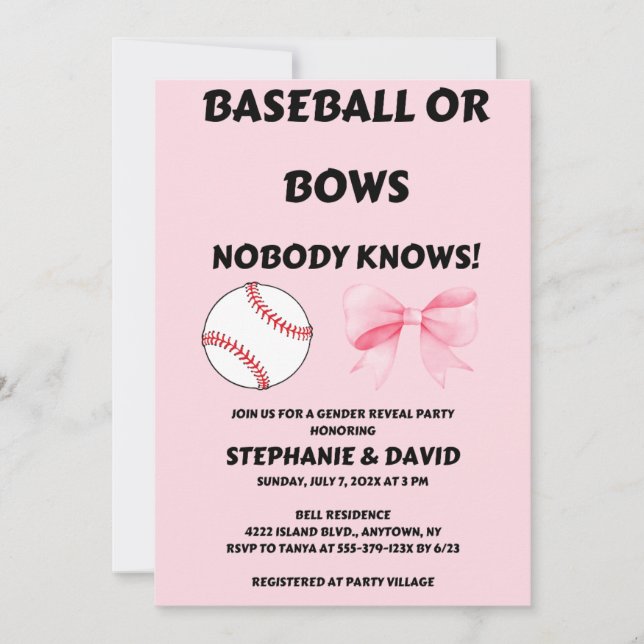 Baseball oder rosa Schleifen - Geschlechtsenthüllu Einladung (Vorderseite)