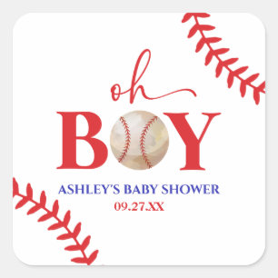 Baseball Oh Boy Red White Baby Dusche Quadratischer Aufkleber