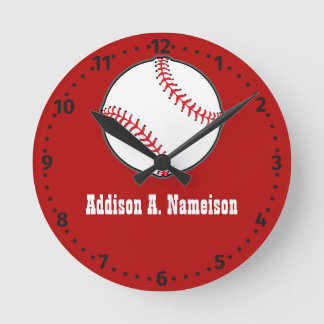 Baseball on Red Name Sports Room Boys Round Clock Runde Wanduhr