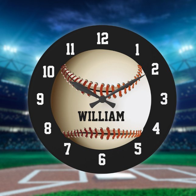 Baseball Personalisiert Individuelle Name Große Wanduhr (Baseball Personalized Custom Name Large Clock)