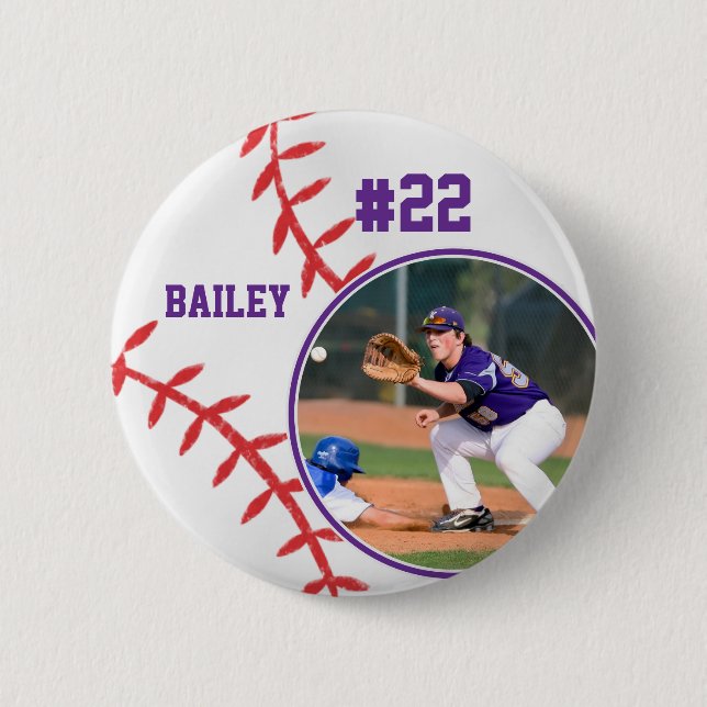 Baseball Pin Name Jersey Number Purple Photo Button (Vorderseite)