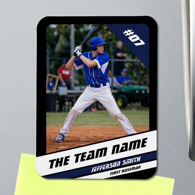 Baseball Player Anpassbar Black Blue Magnet (Baseball Player Magnet in Black with Custom Team Name and White Blue Stripes)