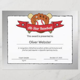 Baseball Player Award BaseballZertifikat