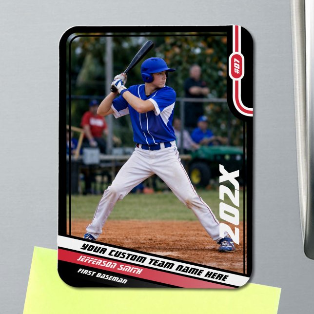 Baseball Player Benutzerdefiniert rot Magnet (Black Baseball Player Magnet with Custom Team Name and White Red Stripes)