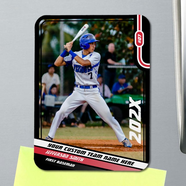 Baseball Player Benutzerdefiniert rot Magnet (Black Baseball Player Magnet with Custom Team Name and White Red Stripes)