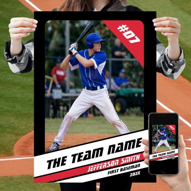 Baseball Player Benutzerdefiniertes Geschenk Schwa Poster (Baseball Player Poster in Black with Custom Team Name and White Red Stripes)