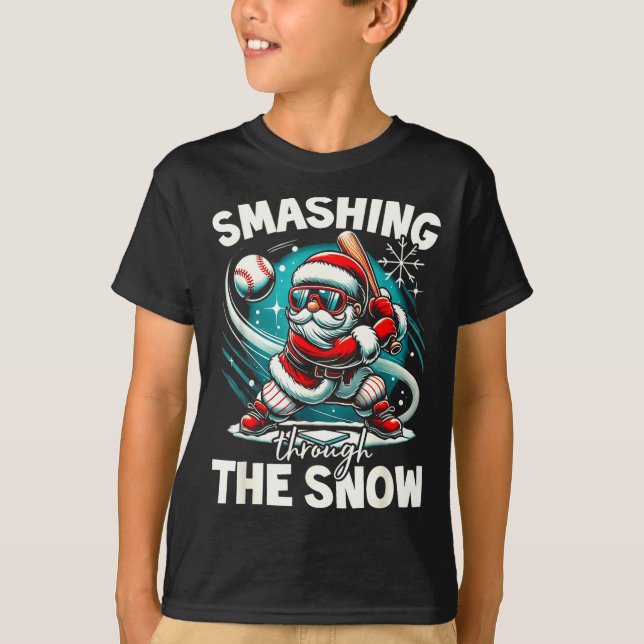 Baseball Player Christmas Santa, Smashing Through  T-Shirt (Vorderseite)