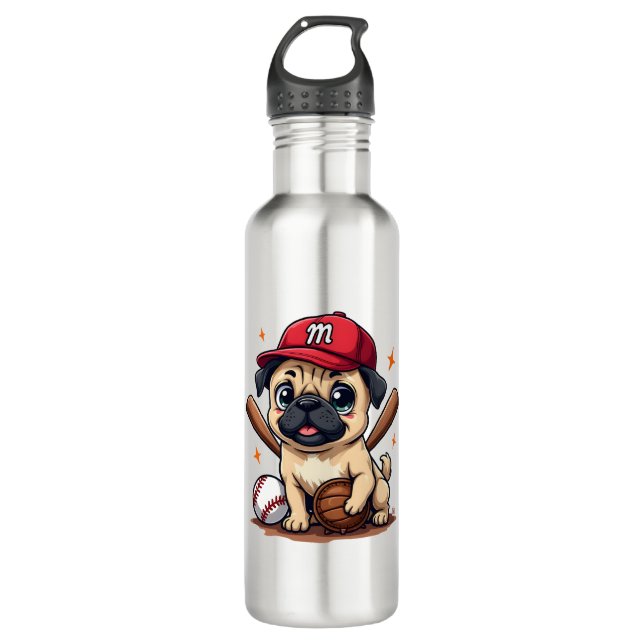 Baseball Player Coach Pug Dog Lover Pug Mom Edelstahlflasche (Vorderseite)