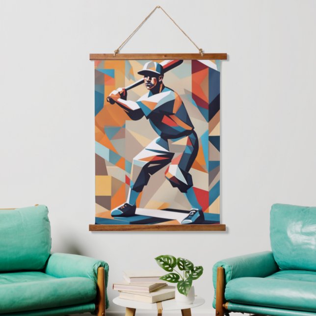 Baseball Player Cubist Wall Tapestry Wandteppich Mit Holzrahmen (Wohnzimmer)