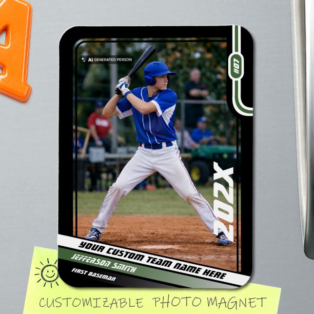 Baseball Player Custom Green Magnet (Black Baseball Player Magnet with Custom Team Name and White Green Stripes)