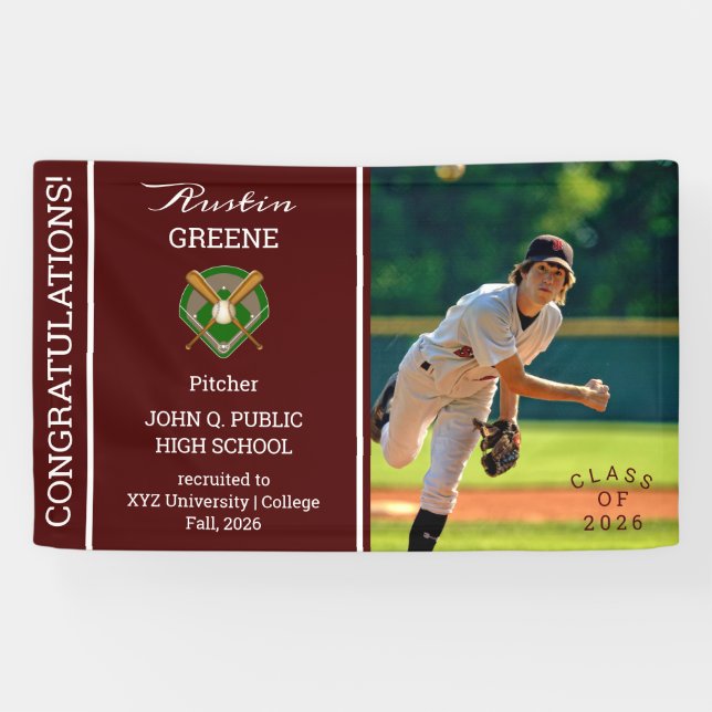 Baseball Player Foto Maroon Abschluss Banner (Horizontal)