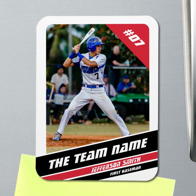 Baseball-Player, individuell einstellbar, weiß rot Magnet (Baseball Player Magnet in White with Custom Team Name and White Red Stripes)