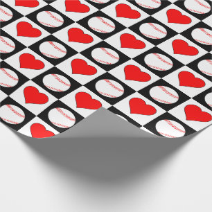 Baseball Player Red Heart Schachbrett Pattern Geschenkpapier