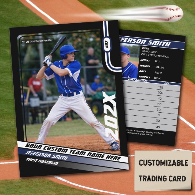 Baseball Player Trading Card Custom Blue Geschenk Telefonnummerkarte (Baseball Player Trading Card in Black with Custom Team Name and Blue White Elements)