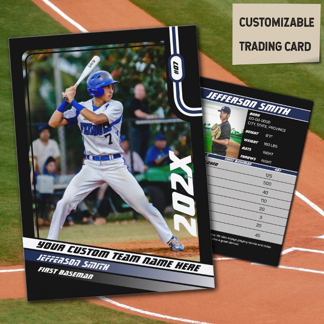 Baseball Player Trading Card Custom Blue Geschenk Telefonnummerkarte (Baseball Player Trading Card in Black with Custom Team Name and Blue White Elements)