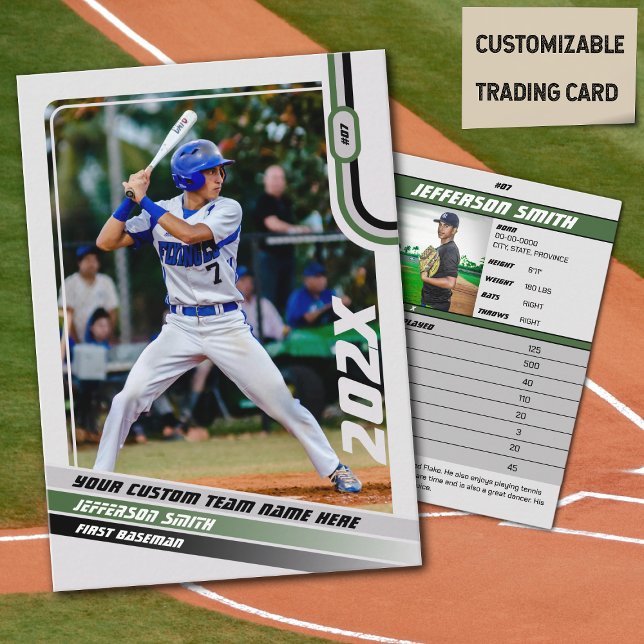 Baseball Player Trading Card Custom Green Gray Telefonnummerkarte (Baseball Player Trading Card in Light Grey with Custom Team Name and Green and Black Elements)