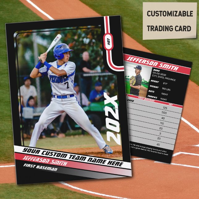 Baseball Player Trading Card Custom Red Gift Telefonnummerkarte (Baseball Player Trading Card in Black with Custom Team Name and Red White Elements)