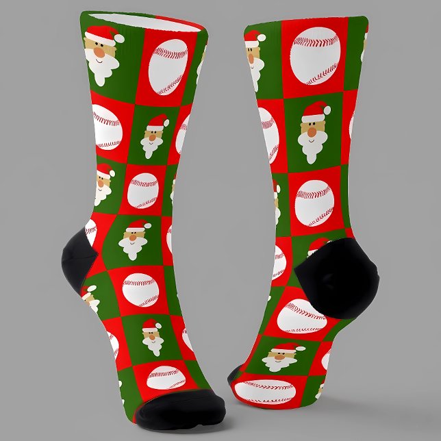 Baseball Player Weihnachten Weihnachtsfeiertag Socken (Baseball Christmas socks with checkered baseball and Santa pattern. A great baseball Christmas gift!)