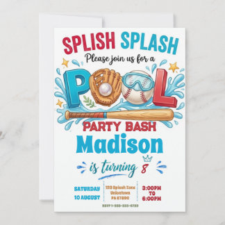 Baseball Pool Schwimmparty Jungen Geburtstag Einladung