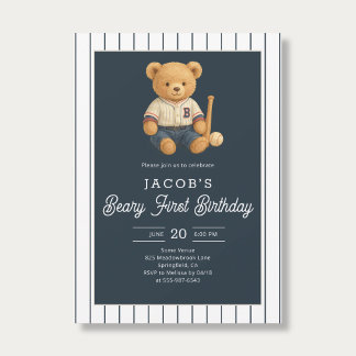 Baseball Preppy Bear 1. Geburtstag Einladung