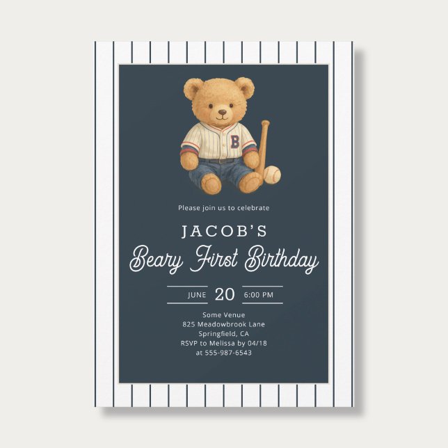 Baseball Preppy Bear 1. Geburtstag Einladung (Von Creator hochgeladen)