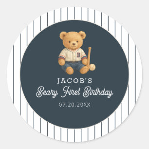 Baseball Preppy Bear 1. Geburtstag Runder Aufkleber