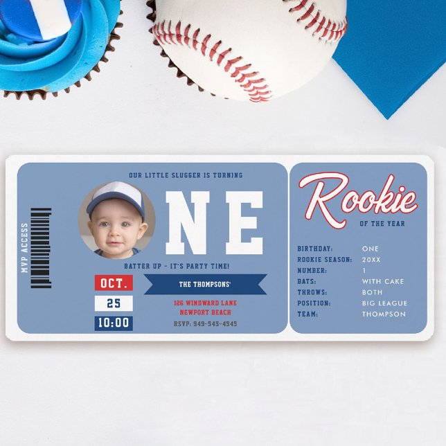 Baseball Rookie Stats Blue Ticket Boy 1. Geburtsta Einladung (baseball 1st birthday invite boy little slugger rookie of the year player stats blue ticket template)