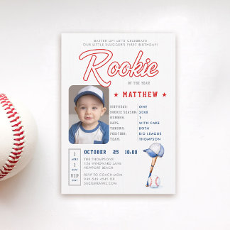 Baseball Rookie Stats Fun Foto Boy 1. Geburtstag Einladung