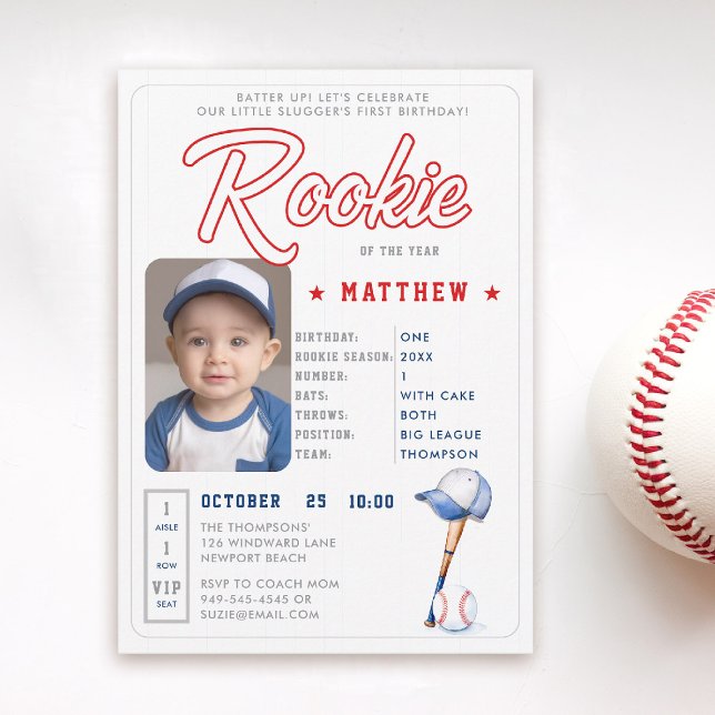 Baseball Rookie Stats Niedliches Foto Junge 1. Geb Einladung (rookie of the year 1st birthday invite boy baseball theme sports player stats card ticket red blue)