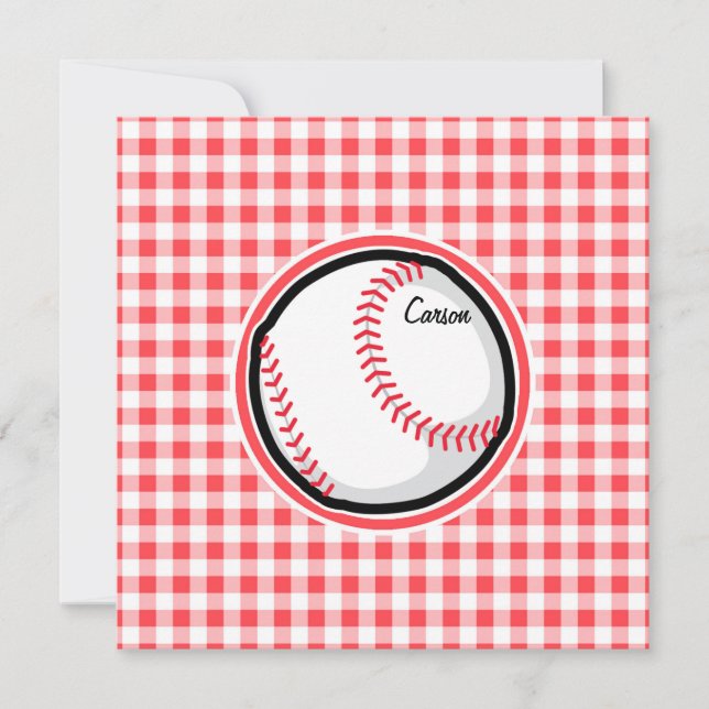 Baseball; Rot und Weiß Gingham Einladung (Vorderseite)