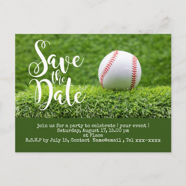 Baseball Save the Date mit Ball auf grünem Gras Postkarte (Vorderseite)