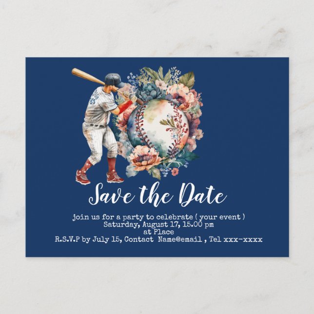 Baseball Save the Date mit Blumenball auf blau Postkarte (Vorderseite)