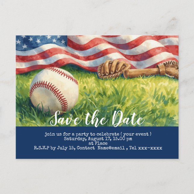 Baseball Save the Date mit der amerikanischen Flag Postkarte (Vorderseite)