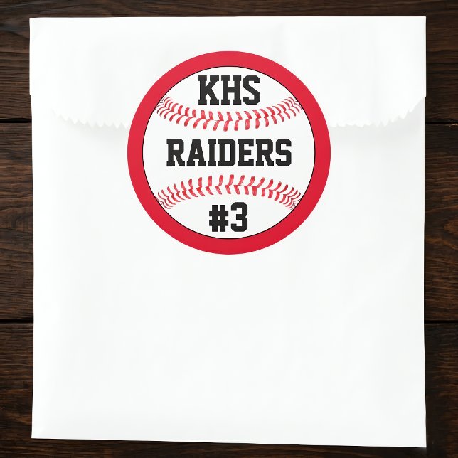 Baseball-Schulbriefe, Teamname und Spielernummer Runder Aufkleber (Custom baseball stickers for baseball parties and decor. Great for baseball seniors!)