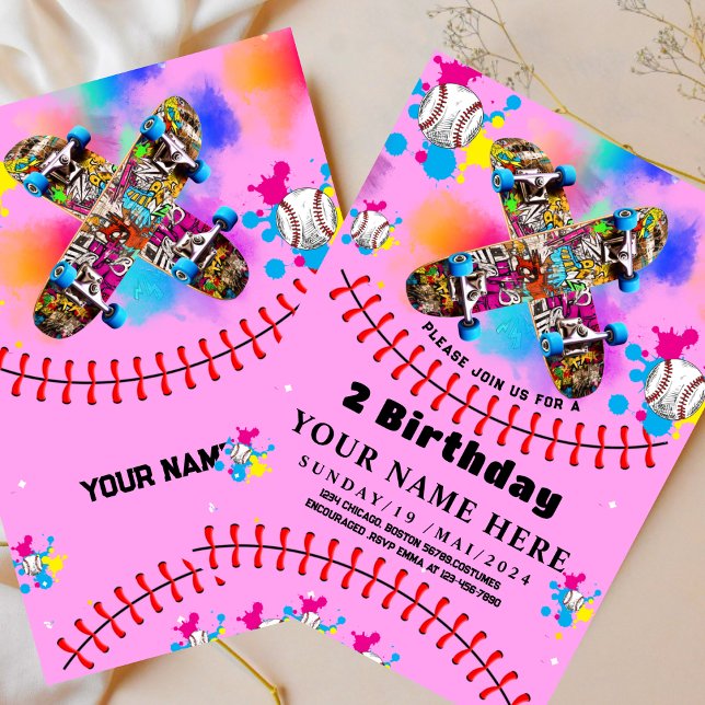 Baseball Skateboard Graffiti buntes Party pink Einladung (Von Creator hochgeladen)