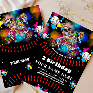 Baseball Skateboard Graffiti buntes Party Schwarz Einladung