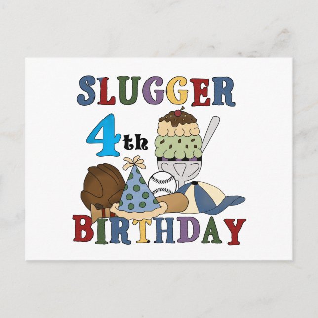 Baseball Slugger 4. Geburtstag Postkarte (Vorderseite)