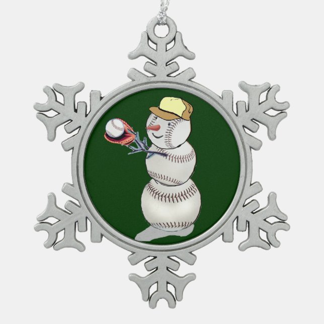Baseball Snowman Schneeflocken Zinn-Ornament (Vorderseite)