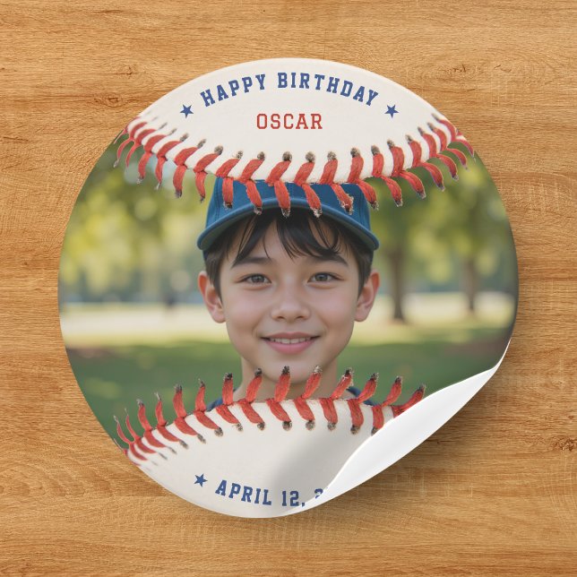 Baseball Softball Sport Foto Happy Birthday Party Runder Aufkleber (Baseball Softball Sport Photo Happy Birthday Party Classic Round Sticker
)