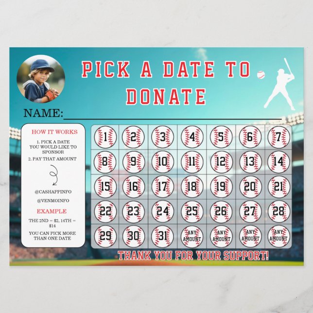 Baseball-Spendenkalender-Vorlage Einladung (Vorderseite)