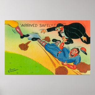 Baseball-Spieler, der auf Basis gleitet und ankomm Poster